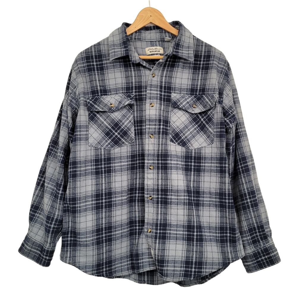 Eddie Bauer Workwear Button Up Shirt Men's Large Blue Plaid Foreman Fit Flannel